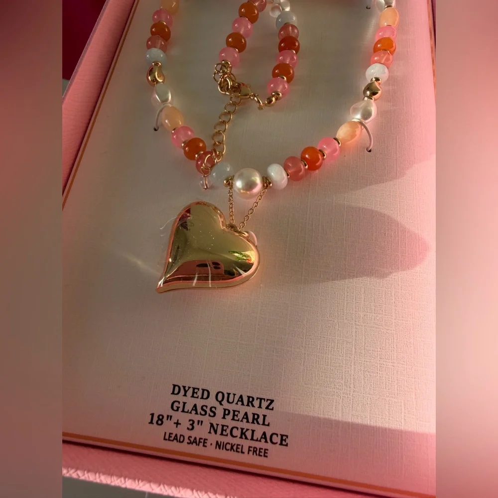 Beaded Colorful Quartz gold Heart charm Necklace